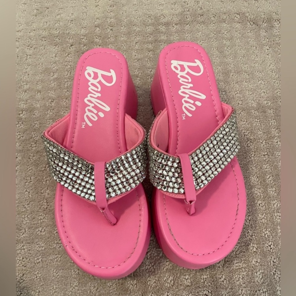 EUC Barbie Flip Flops Platform and Rhinestones Size 7